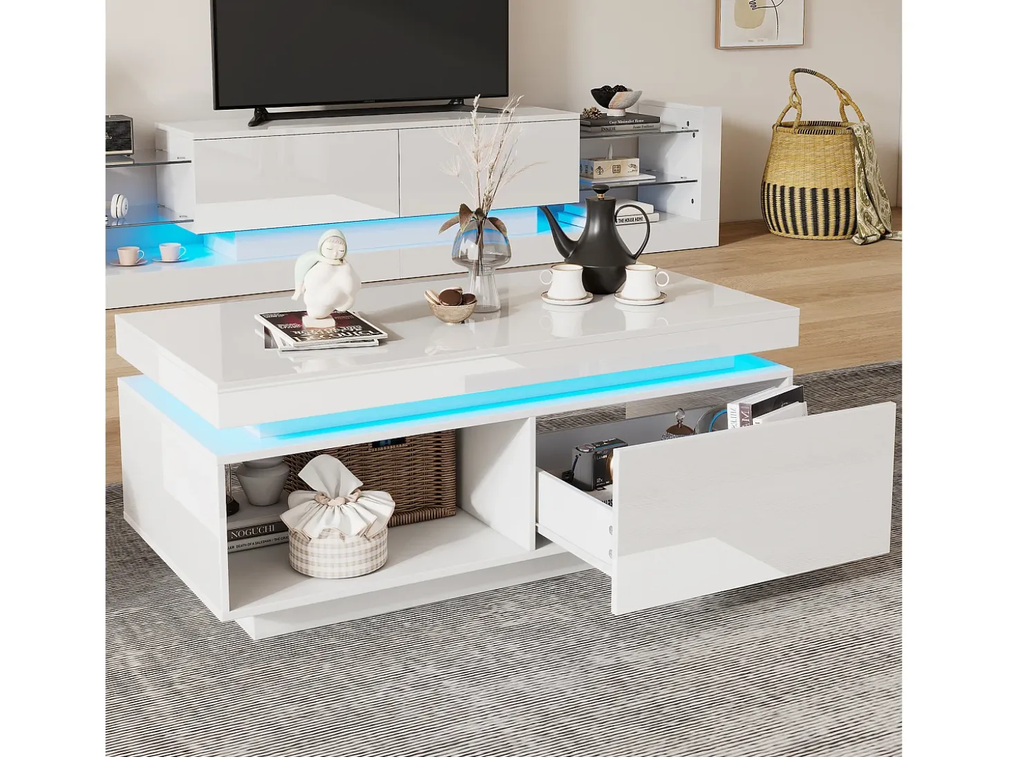 Mesa de centro blanca con luces LED, 1 cajón y compartimento abierto, ideal para salón y oficina