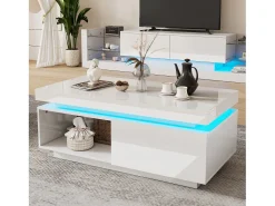 Mesa de centro blanca con luces LED, 1 cajón y compartimento abierto, ideal para salón y oficina