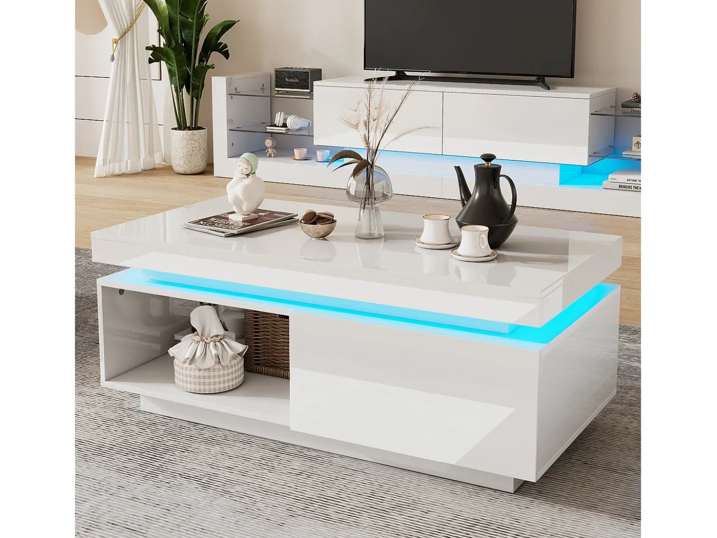 Mesa de centro blanca con luces LED, 1 cajón y compartimento abierto, ideal para salón y oficina