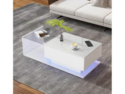 Mesa de centro blanca de 100 x 50 cm con LED, cajón y tablero de cristal - para salón y oficina