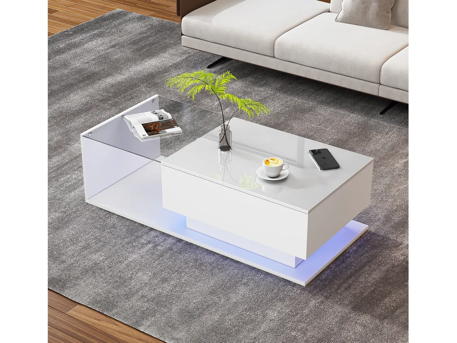 Mesa de centro blanca de 100 x 50 cm con LED, cajón y tablero de cristal - para salón y oficina