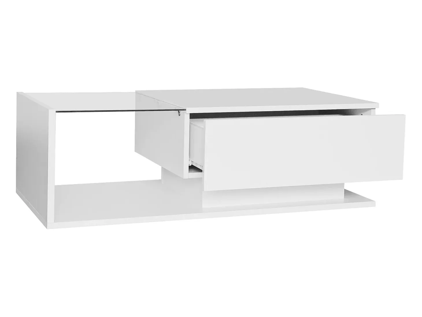 Mesa de centro blanca de 100 x 50 cm con LED, cajón y tablero de cristal - para salón y oficina