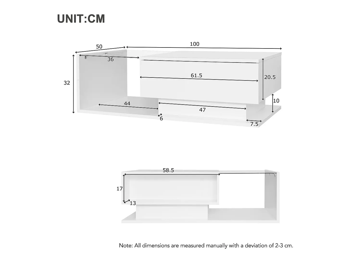 Mesa de centro blanca de 100 x 50 cm con LED, cajón y tablero de cristal - para salón y oficina