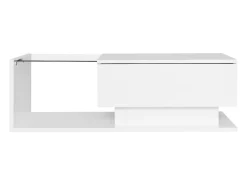 Mesa de centro blanca de 100 x 50 cm con LED, cajón y tablero de cristal - para salón y oficina
