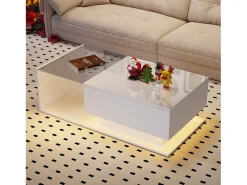 Mesa de centro blanca de 100 x 50 cm con LED, cajón y tablero de cristal - para salón y oficina