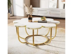 Mesa de centro blanca y dorada, mesa de centro moderna con forma de flor de 100 cm con tablero de mármol sintético, mesa central con detalles florales y marco de metal para sala de estar y dormitorio