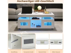 Mesa de centro brillante - 100 x 50 x 43 cm - con LED + 2 puertas + puerto de carga y enchufe - aglomerado - blanco