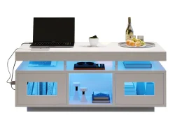 Mesa de centro brillante - 100 x 50 x 43 cm - con LED + 2 puertas + puerto de carga y enchufe - aglomerado - blanco