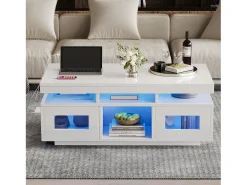Mesa de centro brillante - 100 x 50 x 43 cm - con LED + 2 puertas + puerto de carga y enchufe - aglomerado - blanco