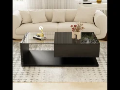 Mesa de centro brillante - 105 x 55 x 32,5 cm - Mesas auxiliares con cristal + LED + 1 cajón - aglomerado - negro