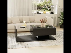 Mesa de centro brillante - 105 x 55 x 32,5 cm - Mesas auxiliares con cristal + LED + 1 cajón - aglomerado - negro