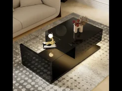 Mesa de centro brillante - 105 x 55 x 32,5 cm - Mesas auxiliares con cristal + LED + 1 cajón - aglomerado - negro
