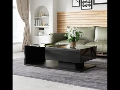 Mesa de centro brillante - 105 x 55 x 32,5 cm - Mesas auxiliares con cristal + LED + 1 cajón - aglomerado - negro
