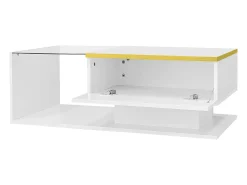 Mesa de centro brillante - 90 x 50 x 32,5 cm - con cristal + efecto LED + espacio de almacenamiento - aglomerado - blanco
