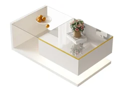 Mesa de centro brillante - 90 x 50 x 32,5 cm - con cristal + efecto LED + espacio de almacenamiento - aglomerado - blanco