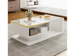 Mesa de centro brillante - 90 x 50 x 32,5 cm - con cristal + efecto LED + espacio de almacenamiento - aglomerado - blanco