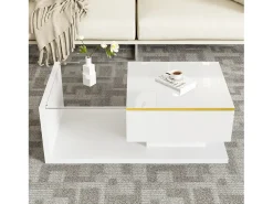 Mesa de centro brillante - 90 x 50 x 32,5 cm - con cristal + efecto LED + espacio de almacenamiento - aglomerado - blanco