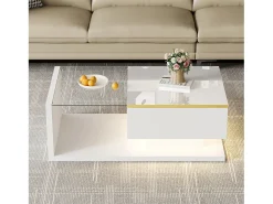 Mesa de centro brillante - 90 x 50 x 32,5 cm - con cristal + efecto LED + espacio de almacenamiento - aglomerado - blanco