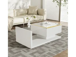 Mesa de centro brillante - 90 x 50 x 32,5 cm - con cristal + efecto LED + espacio de almacenamiento - aglomerado - blanco