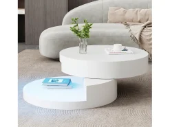 Mesa de centro cilíndrica giratoria 70×70×35,5 cm - Plato giratorio 360° - con iluminación LED - blanco