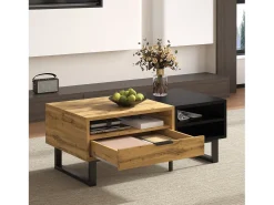 Mesa de centro con 1 cajón y estantes de almacenamiento - 100 x 50 x 40 cm - Madera MDF y metal - Natural