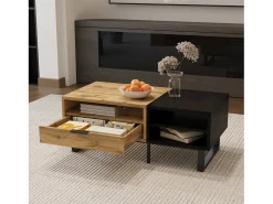 Mesa de centro con 1 cajón y estantes de almacenamiento - 100 x 50 x 40 cm - Madera MDF y metal - Natural