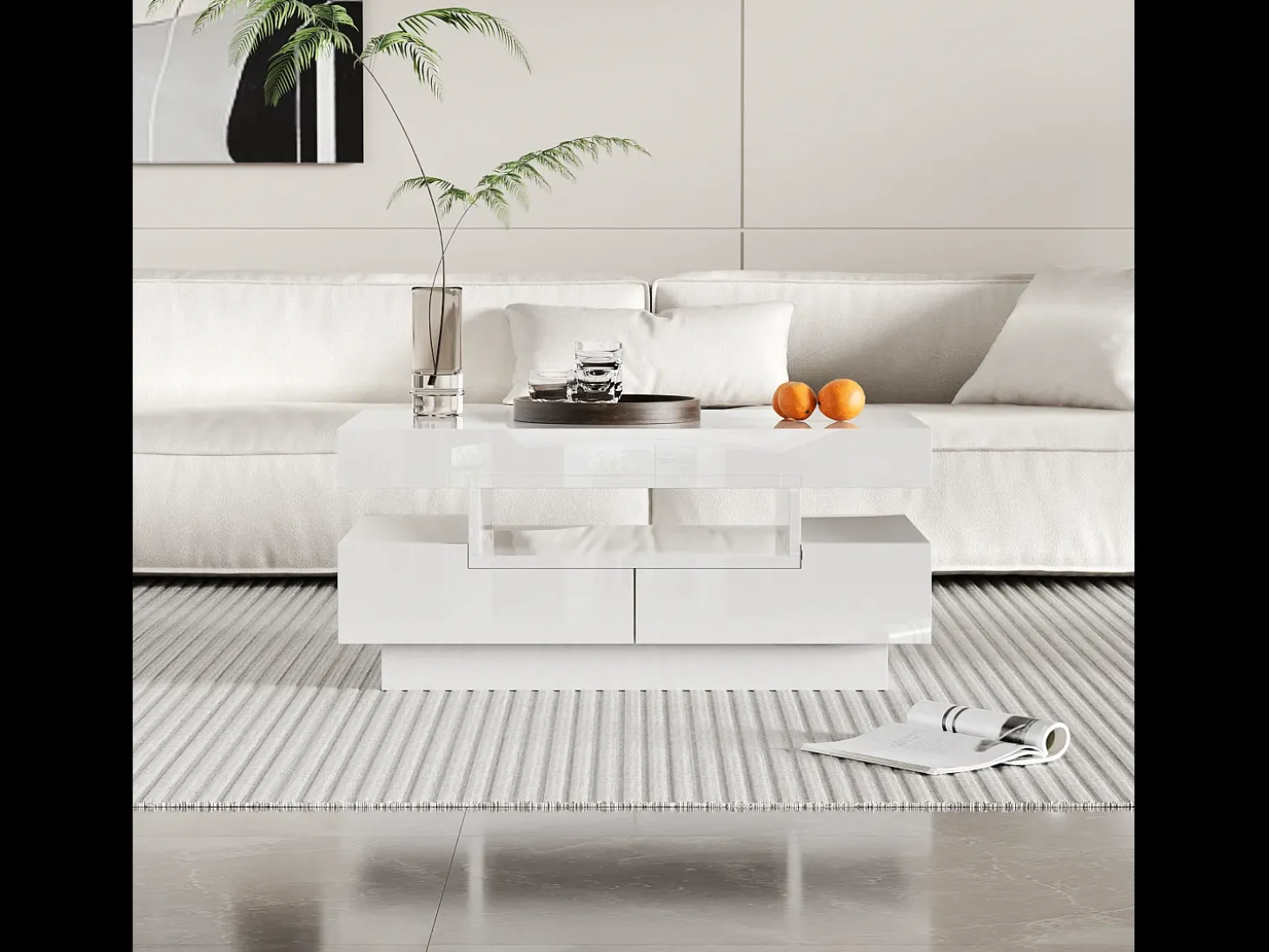 Mesa de centro con 4 cajones - 80 x 50 x 36 cm - LED - Tablero de partículas - Blanco