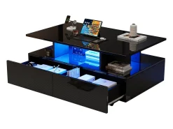 Mesa de centro con 2 cajones y compartimento abierto - 90 x 55 x 41 cm - LED - Tablero de partículas - Negro brillante