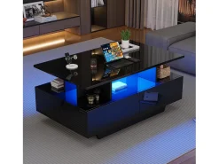 Mesa de centro con 2 cajones y compartimento abierto - 90 x 55 x 41 cm - LED - Tablero de partículas - Negro brillante