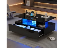 Mesa de centro con 2 cajones y compartimento abierto - 90 x 55 x 41 cm - LED - Tablero de partículas - Negro brillante
