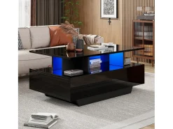 Mesa de centro con 2 cajones y compartimento abierto - 90 x 55 x 41 cm - LED - Tablero de partículas - Negro brillante