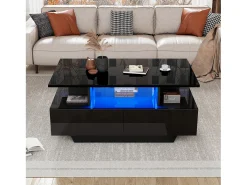 Mesa de centro con 2 cajones y compartimento abierto - 90 x 55 x 41 cm - LED - Tablero de partículas - Negro brillante