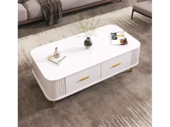 Mesa de centro con 4 cajones - 105 x 51 x 36 cm - Madera MDF - Tiradores y pies dorados - Blanco