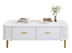Mesa de centro con 4 cajones - 105 x 51 x 36 cm - Madera MDF - Tiradores y pies dorados - Blanco