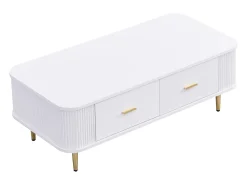 Mesa de centro con 4 cajones - 105 x 51 x 36 cm - Madera MDF - Tiradores y pies dorados - Blanco