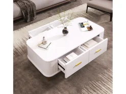 Mesa de centro con 4 cajones - 105 x 51 x 36 cm - Madera MDF - Tiradores y pies dorados - Blanco
