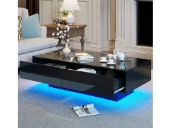 Mesa de centro con 2 cajones - 115 x 55 x 34 cm - LED - Tablero de partículas - Negro brillante