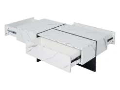 Mesa de centro con 3 cajones 100x50 cm, iluminación LED Bluetooth, tablero chapado en mármol blanco