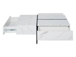 Mesa de centro con 3 cajones 100x50 cm, iluminación LED Bluetooth, tablero chapado en mármol blanco
