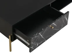 Mesa de centro con 2 cajones y 2 estantes de MDF - Efecto mármol negro y dorado - CIEMILA