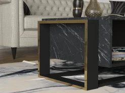 Mesa de centro con 1 estante - Efecto mármol negro y dorado - COMEBI