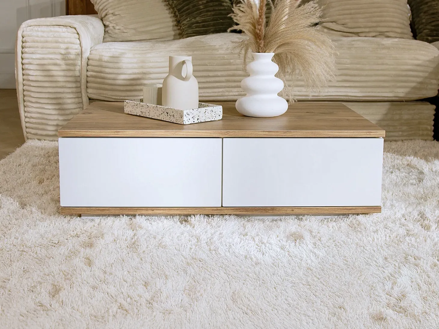 Mesa de centro con 2 puertas - Natural y Blanco - LOTULA