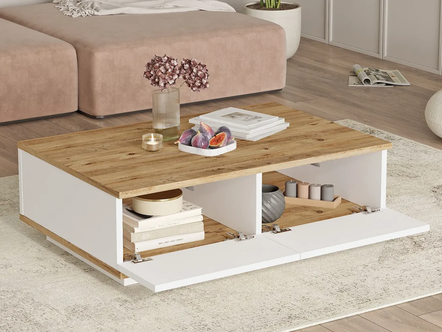 Mesa de centro con 2 puertas - Natural y Blanco - LOTULA