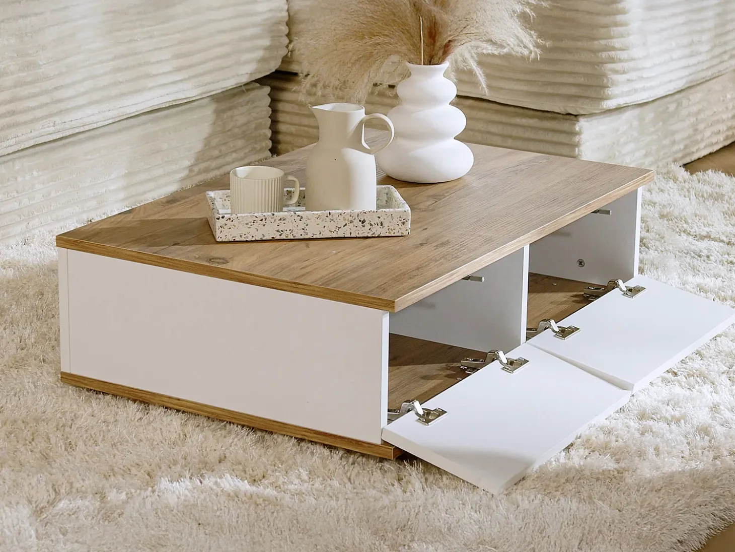 Mesa de centro con 2 puertas - Natural y Blanco - LOTULA