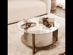 Mesa de centro con 2 tableros, uno de ellos de vidrio templado Ø75 cm - CLARA