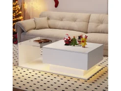 Mesa de centro con cajón grande - 100x50x32 cm - LED - tapa de cristal - Tablero de partículas - Blanco brillante