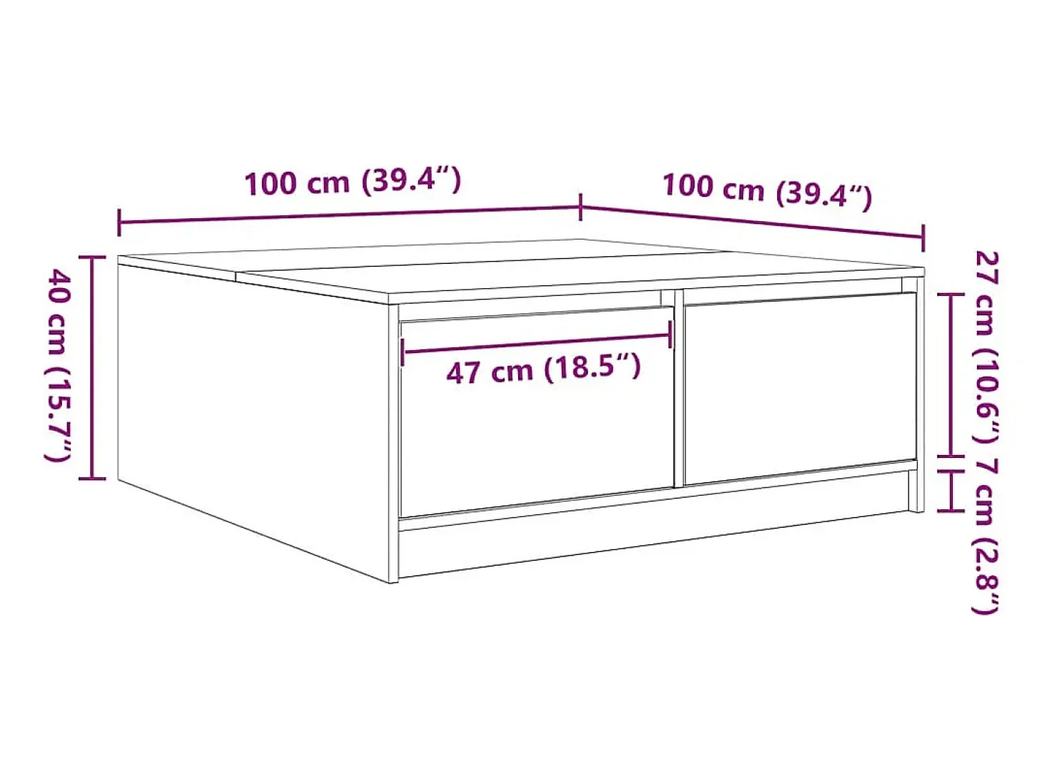 Mesa de centro con cajones gris hormigón 100x100x40 cm