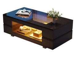 Mesa de centro con LED - 100 x 50 x 35 cm - Mesa de doble capa con Bluetooth - Tablero aglomerado + vidrio templado - negro