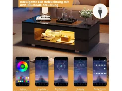 Mesa de centro con LED - 100 x 50 x 35 cm - Mesa de doble capa con Bluetooth - Tablero aglomerado + vidrio templado - negro