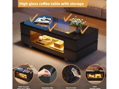 Mesa de centro con LED - 100 x 50 x 35 cm - Mesa de doble capa con Bluetooth - Tablero aglomerado + vidrio templado - negro
